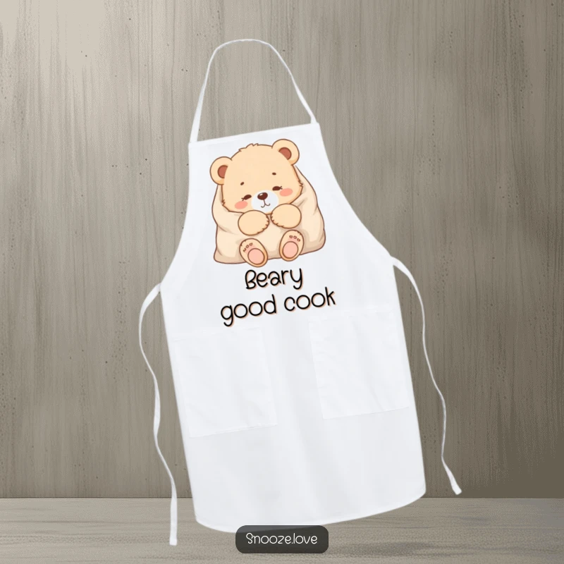 Funny bear cub apron showing a snuggled bear cub in a blanket, bringing cozy and humorous flair to cooking.