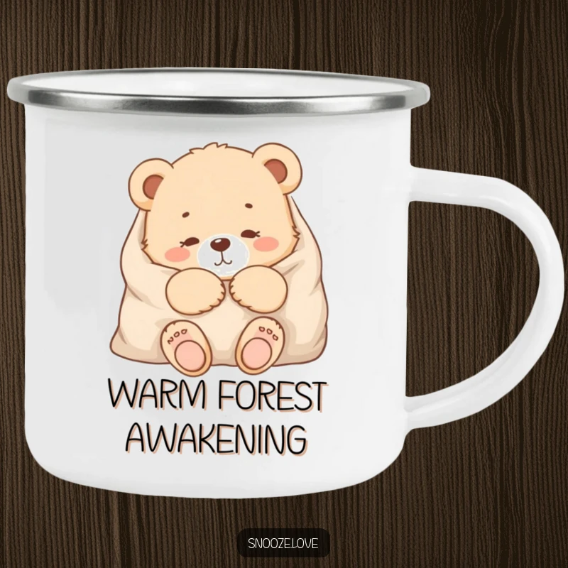 Funny bear cub camping mug featuring a snuggled bear cub, perfect for enjoying drinks during outdoor adventures.