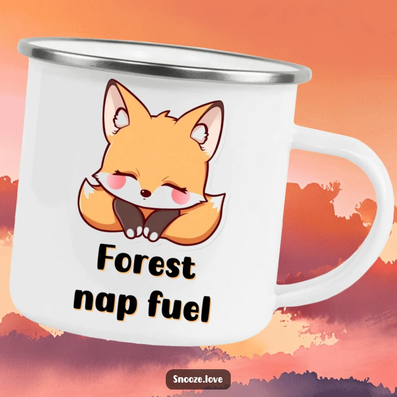 Funny fox camping mug featuring a resting fox, perfect for enjoying drinks during outdoor adventures.