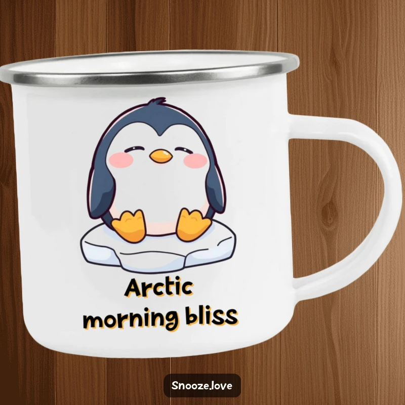 Funny penguin camping mug with a sleeping penguin on an ice floe, perfect for enjoying drinks during adventures.