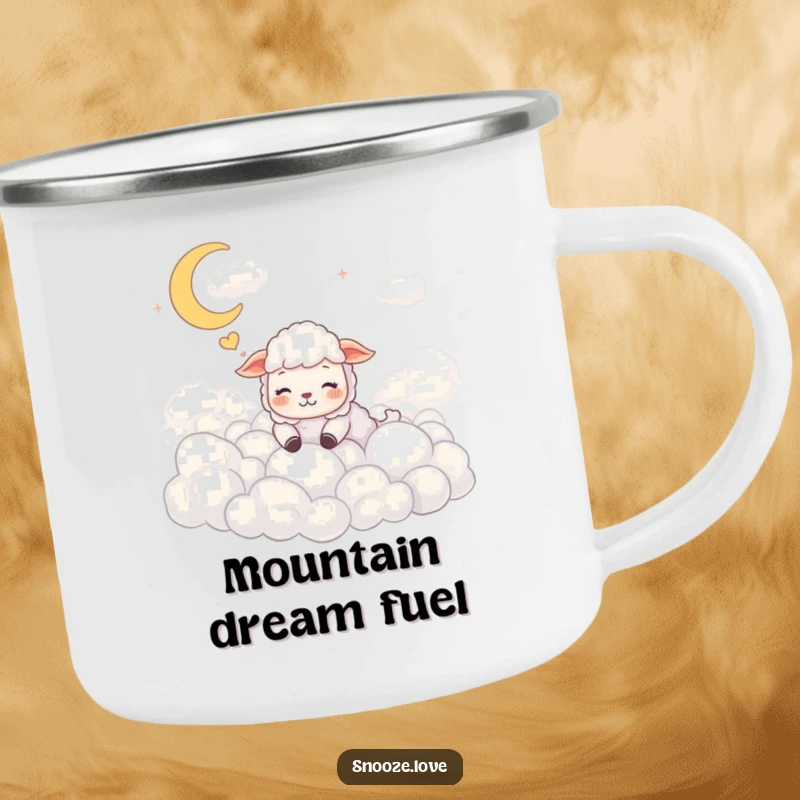 Funny sheep camping mug featuring a dreaming sheep among clouds, perfect for enjoying drinks during outdoor adventures.