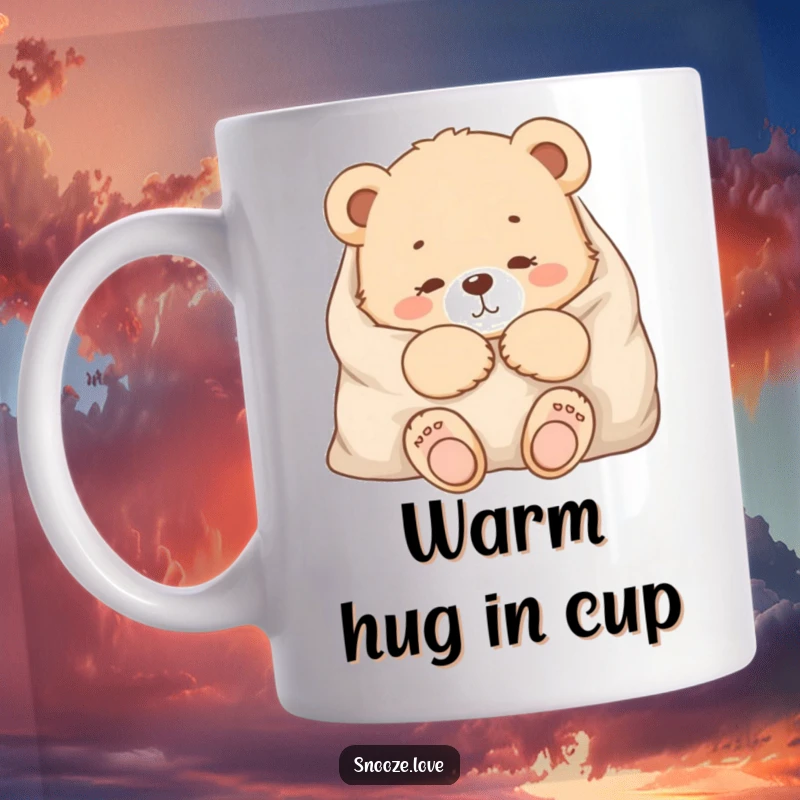 Funny bear cub mug featuring a content bear cub snuggled snugly into a warm blanket, radiating pure cozy happiness.