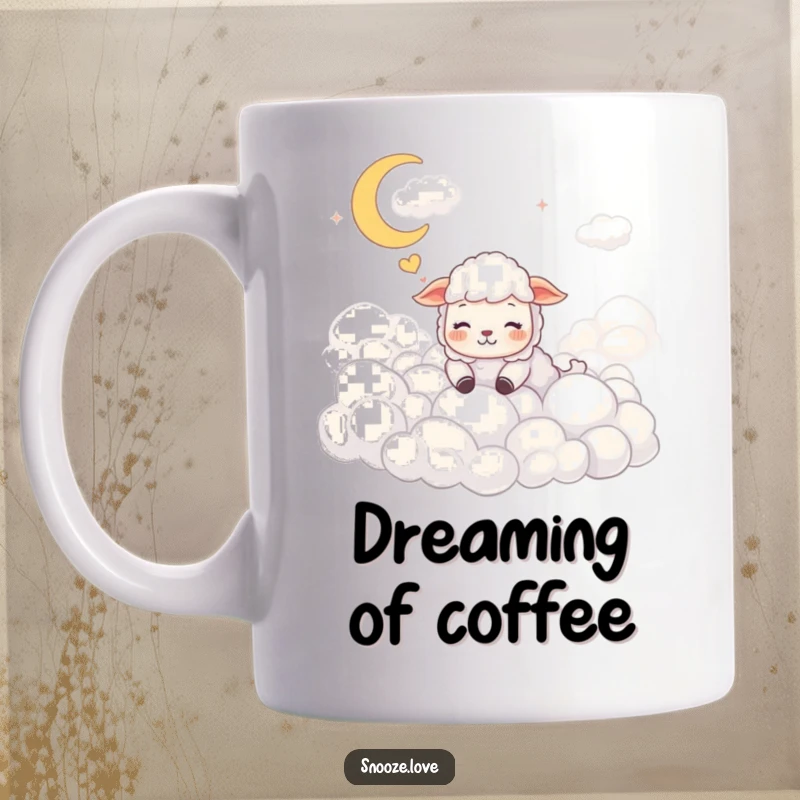 Funny sheep mug featuring a happy sheep character dreaming peacefully amongst fluffy clouds, embodying sweet, dreamy bliss.