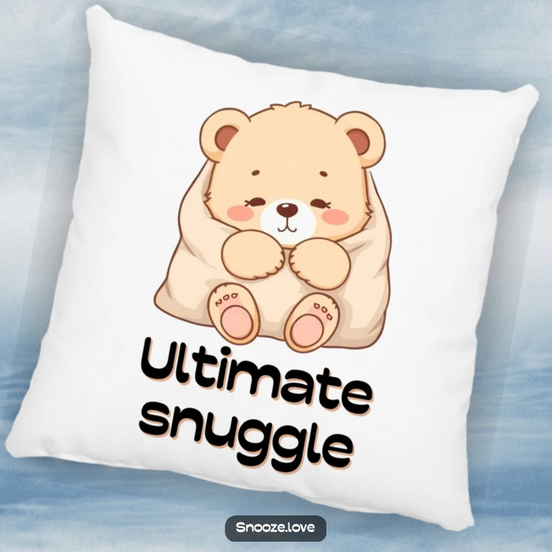 Funny bear cub pillow featuring a snuggled bear cub in a blanket, providing soft comfort and humorous, cozy charm.