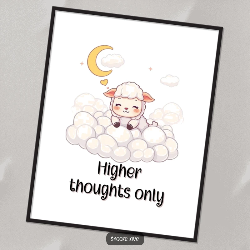 Funny sheep digital art print of a dreaming sheep among clouds, offering instant, whimsical, and humorous wall décor.