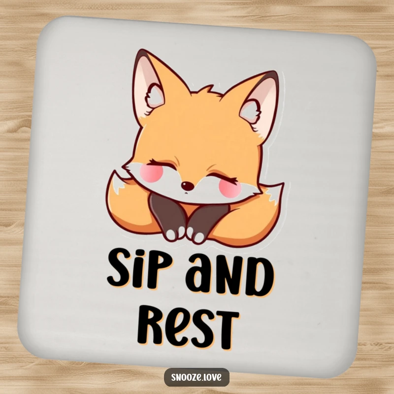 Funny fox coaster with a resting fox, protecting furniture with serene charm and humorous appeal.