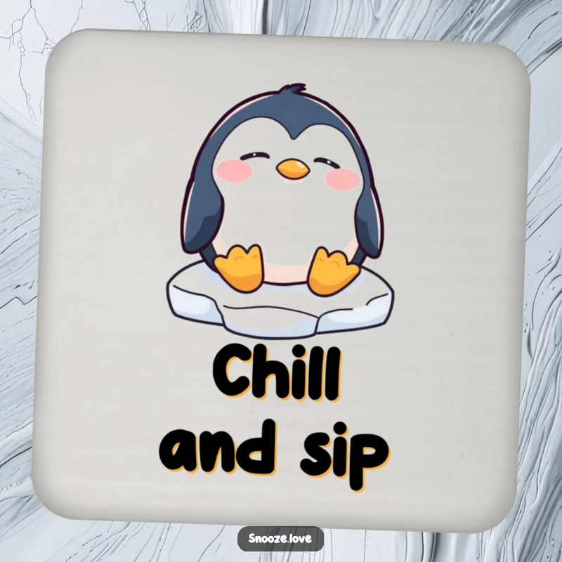 Funny penguin coaster featuring a sleeping penguin on an ice floe, bringing calm and humorous arctic protection.