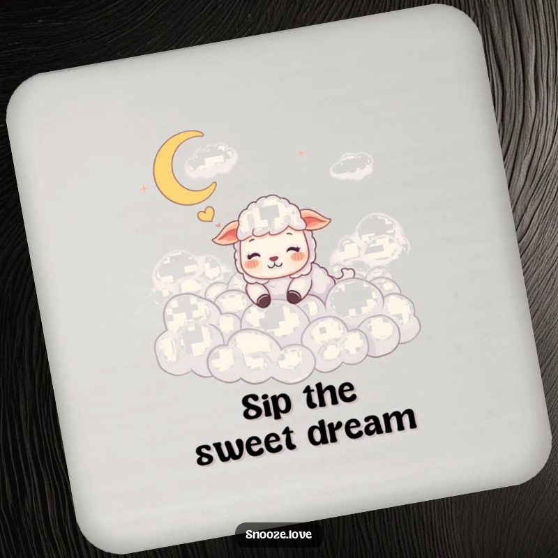 Funny sheep coaster with a dreaming sheep among clouds, protecting furniture with fluffy charm and humorous appeal.