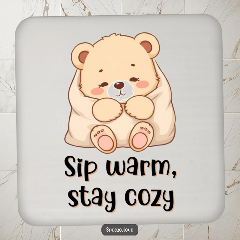 Funny bear cub coaster with a snuggled bear cub, protecting furniture with cozy charm and humorous appeal.