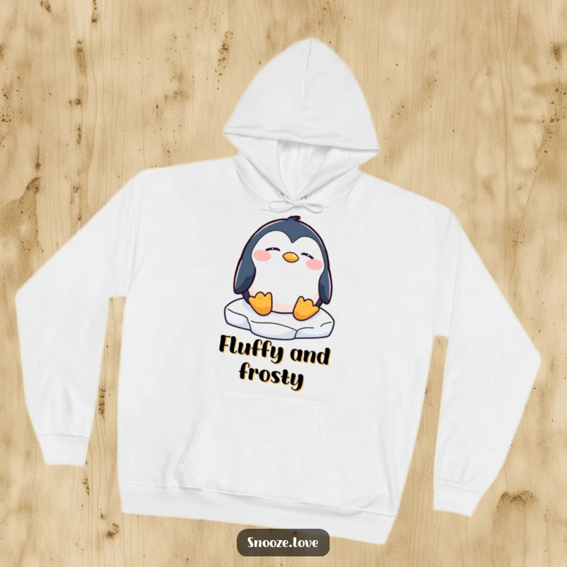 Funny penguin hoodie featuring a peacefully dozing penguin on an ice floe, offering warmth and charming arctic humor.