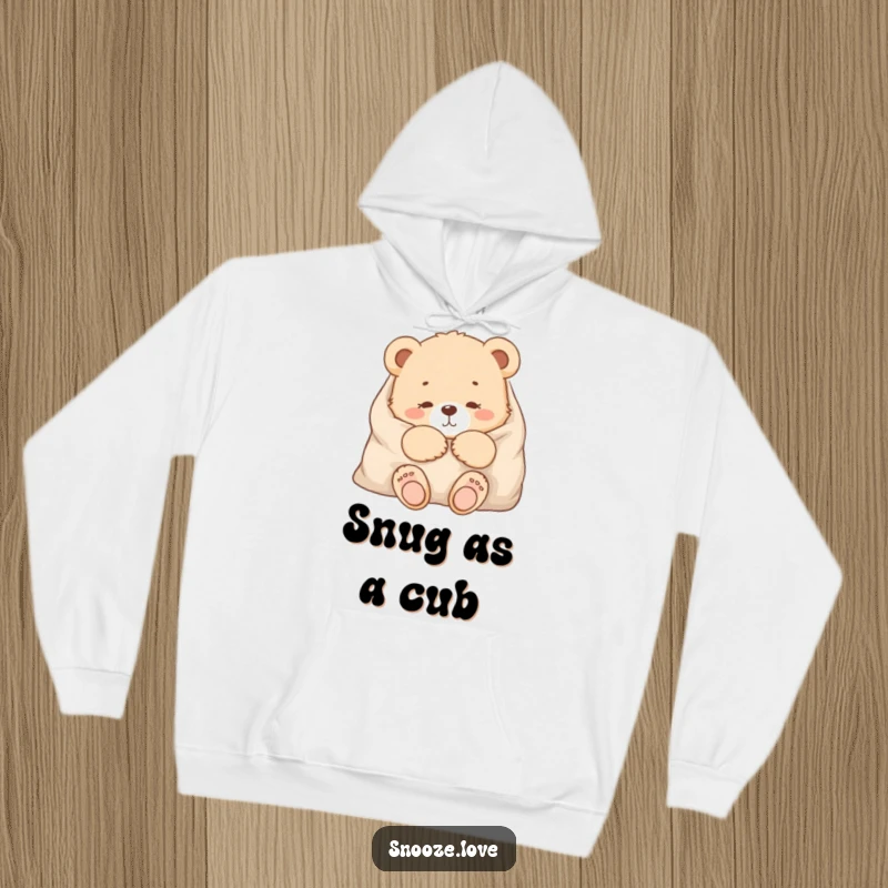 Funny bear cub hoodie featuring a content bear cub snuggled in a warm blanket, offering cozy warmth and delightful humor.