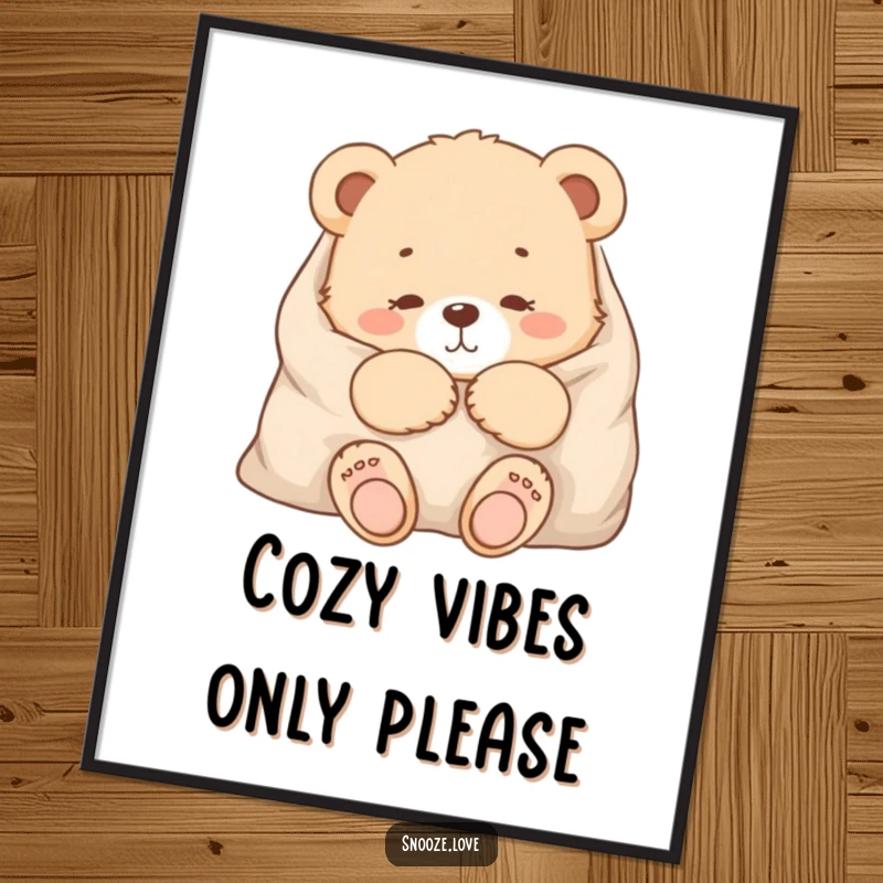 Funny Free Printable Wall Art: A snug bear cub is deeply dreaming while wrapped in a warm, soft blanket.