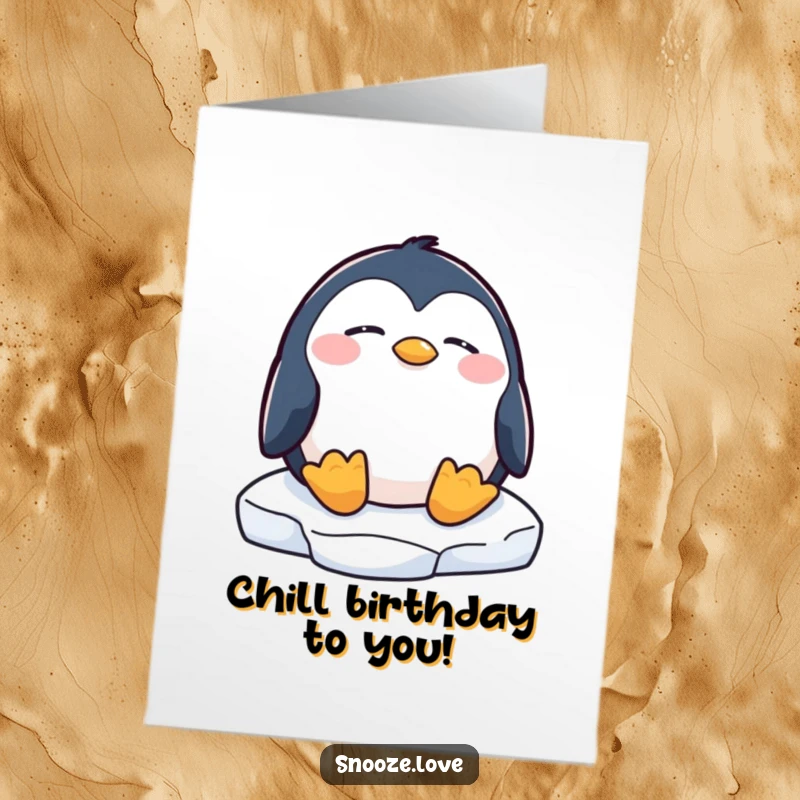 Funny Free Printable Birthday Card: A peaceful penguin snoozing on an ice floe, perfect for birthday wishes.