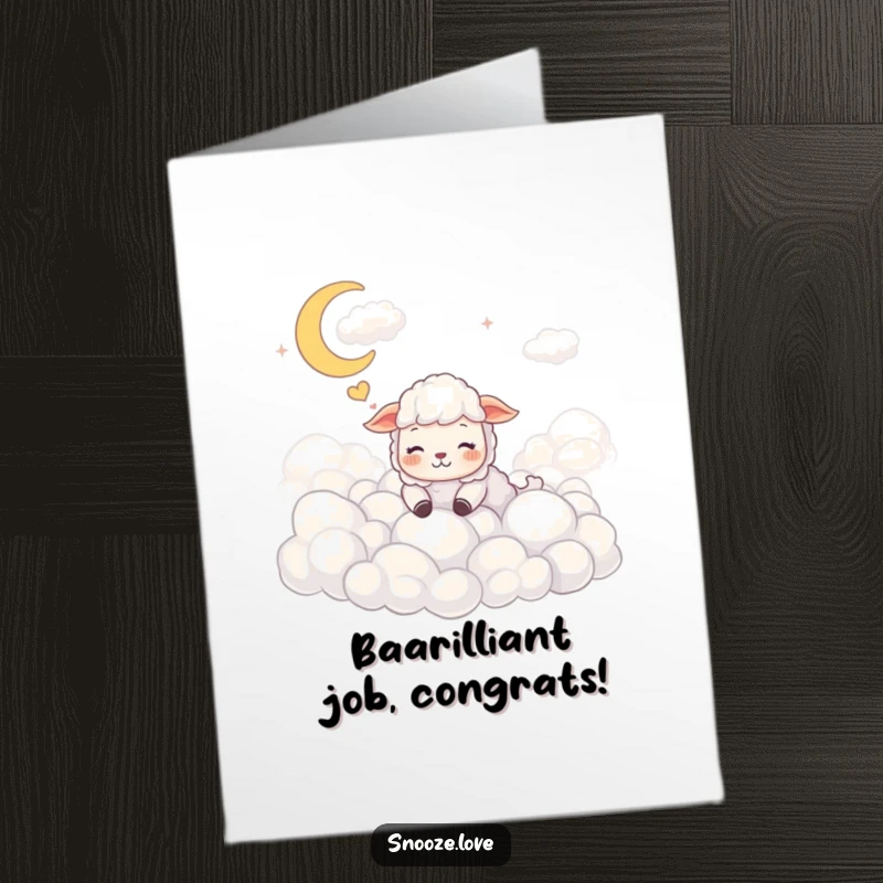 Funny Free Printable Congratulations Card: A happy sheep dreaming amongst clouds, celebrating great success.