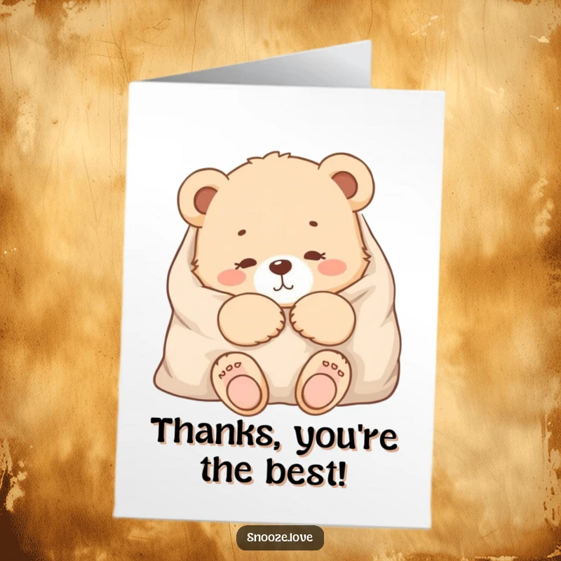 Funny Free Printable Thank You Card: A content bear cub snuggled in a blanket, showing gratitude.