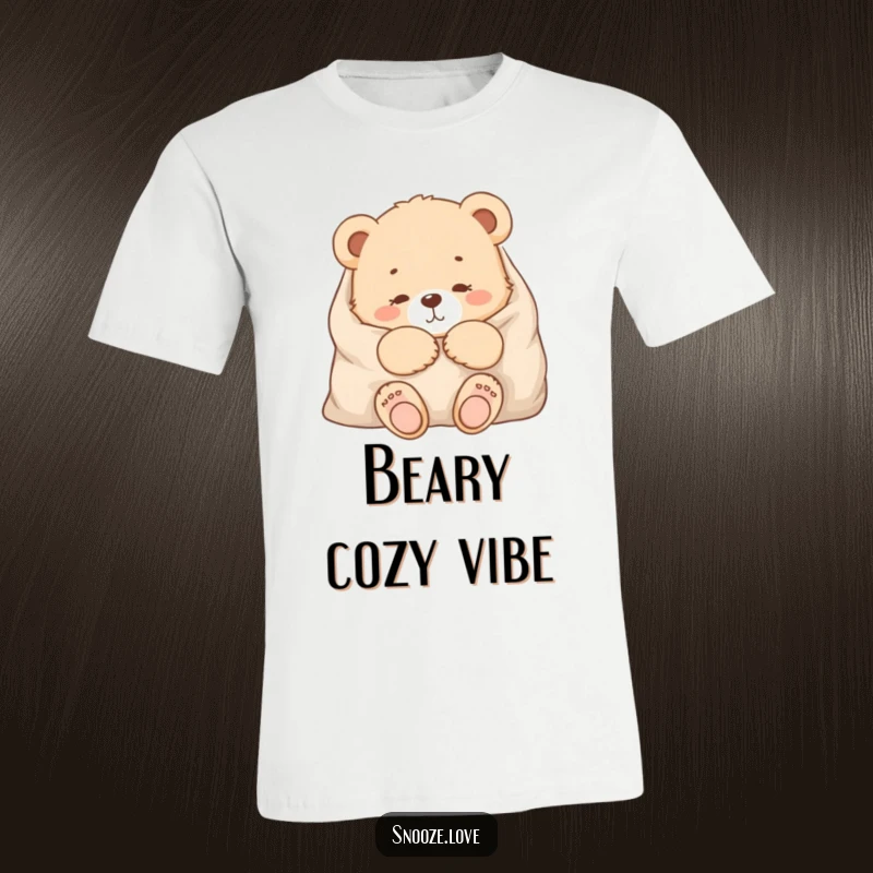 Funny bear cub t-shirt showing a content bear cub snuggled in a warm blanket, perfect for cozy days and smiles.