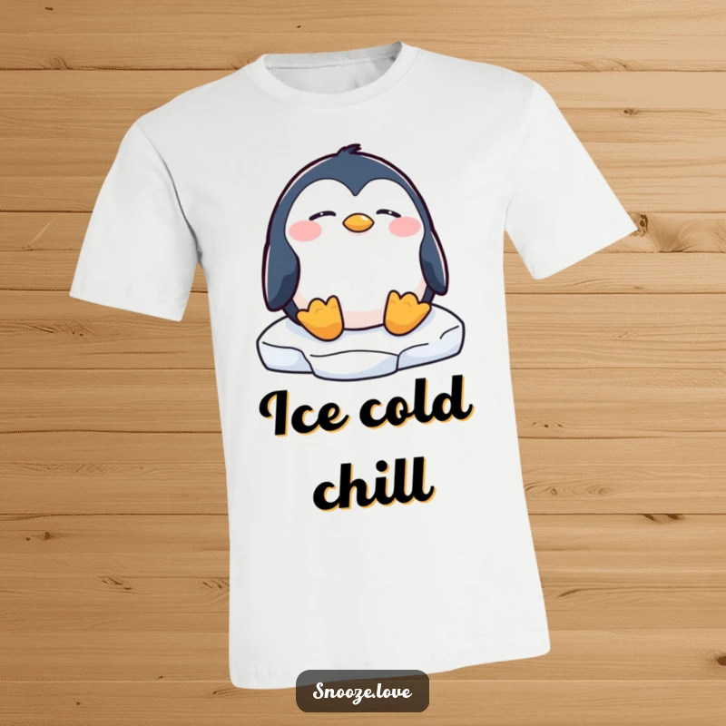 Funny penguin t-shirt showing a peaceful penguin snoozing on an ice floe, radiating ultimate relaxation and cute charm.