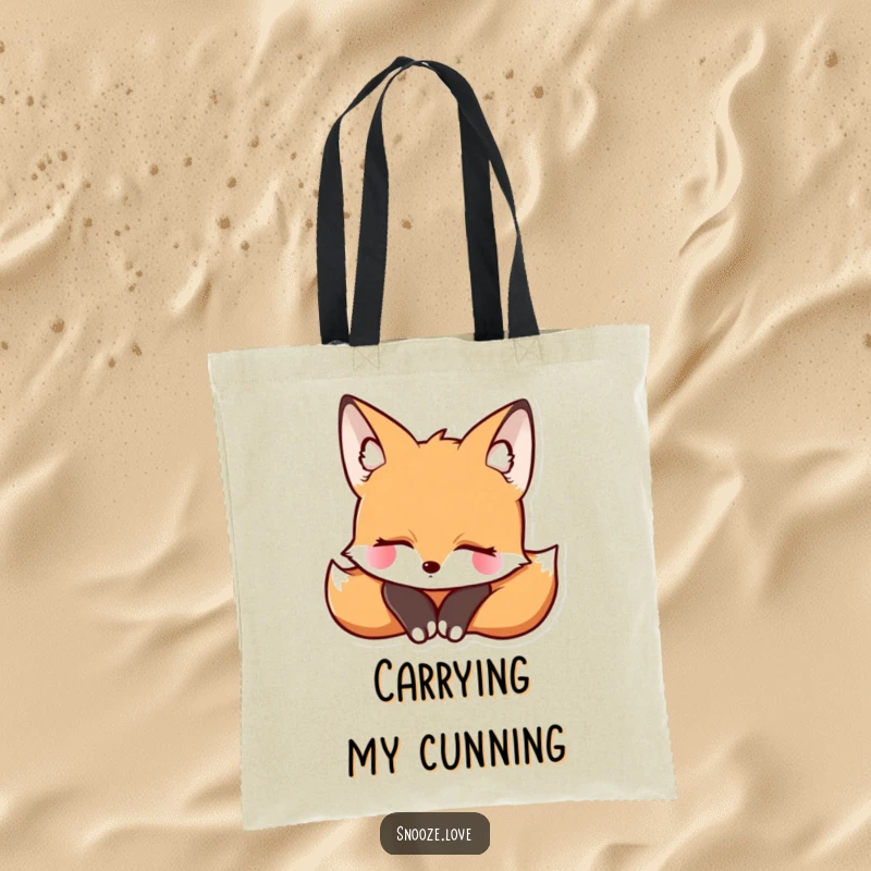 Funny fox tote bag with a resting fox, perfect for carrying items with serene, woodland charm.