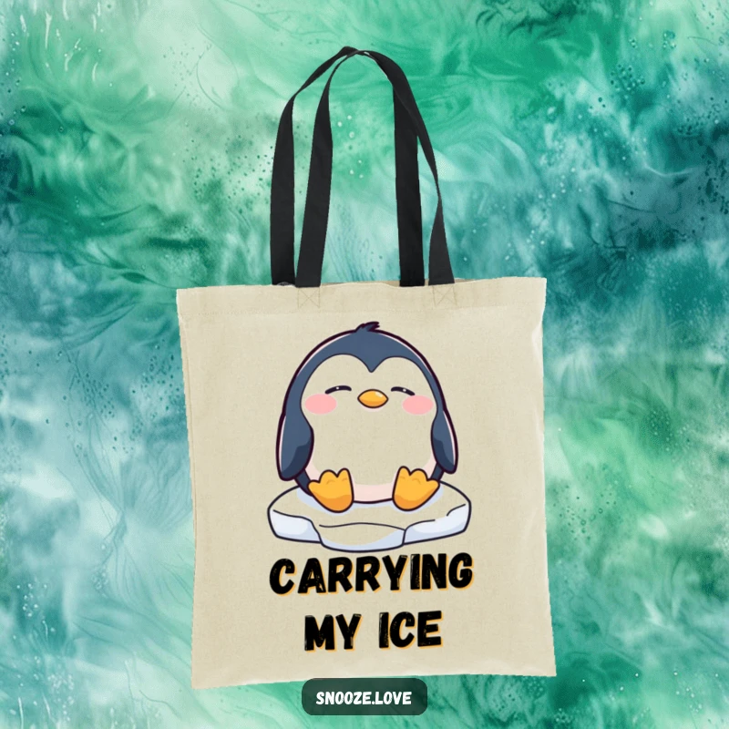 Funny penguin tote bag with a sleeping penguin on an ice floe, perfect for carrying belongings with arctic charm.